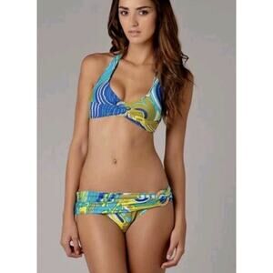 Trina Turk Bikini Swim Suit Womens 12 Bali Waves Resort Wear Colorful Gold